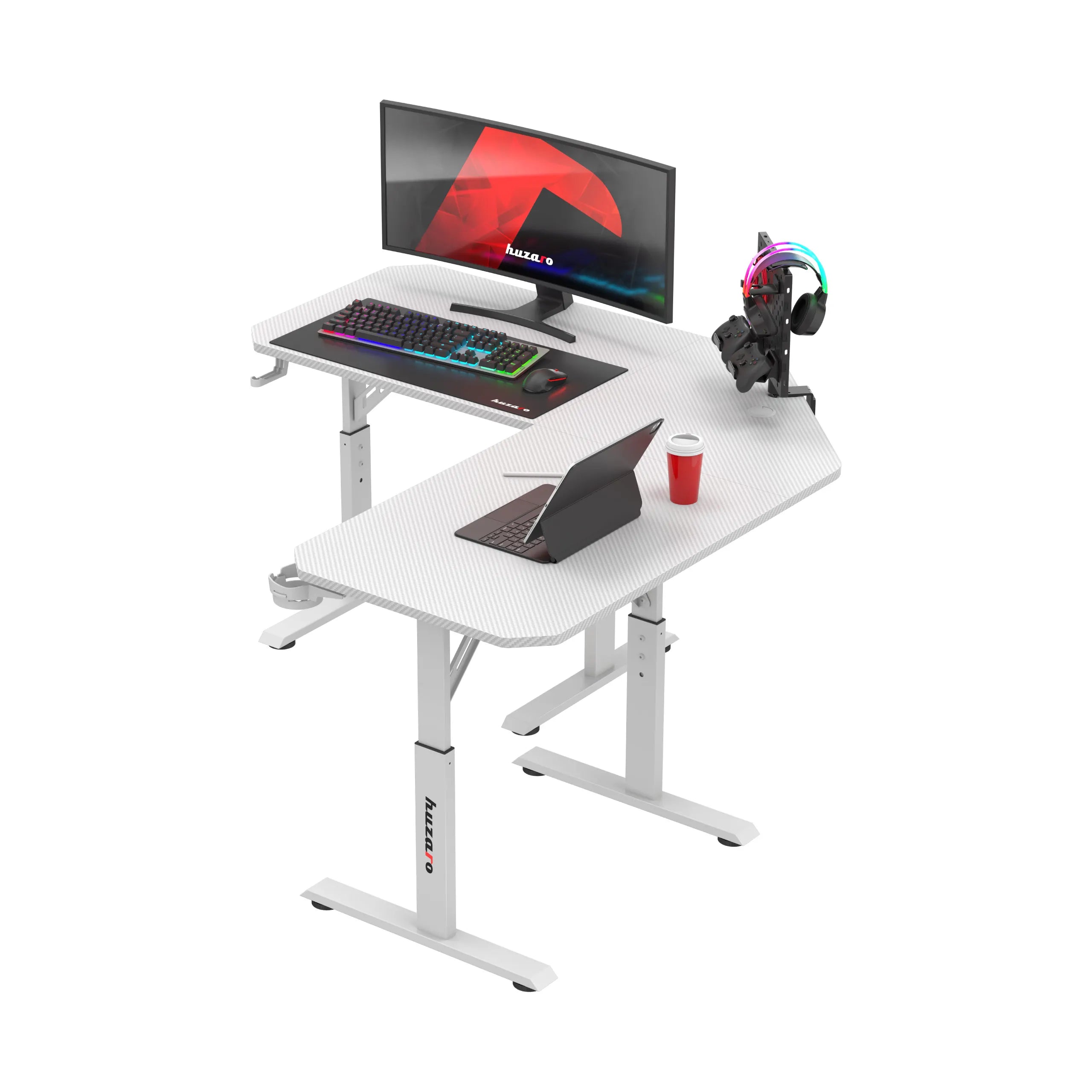 Huzaro Hero 7.3 White birou de gaming de colț cu înălțime reglabilă