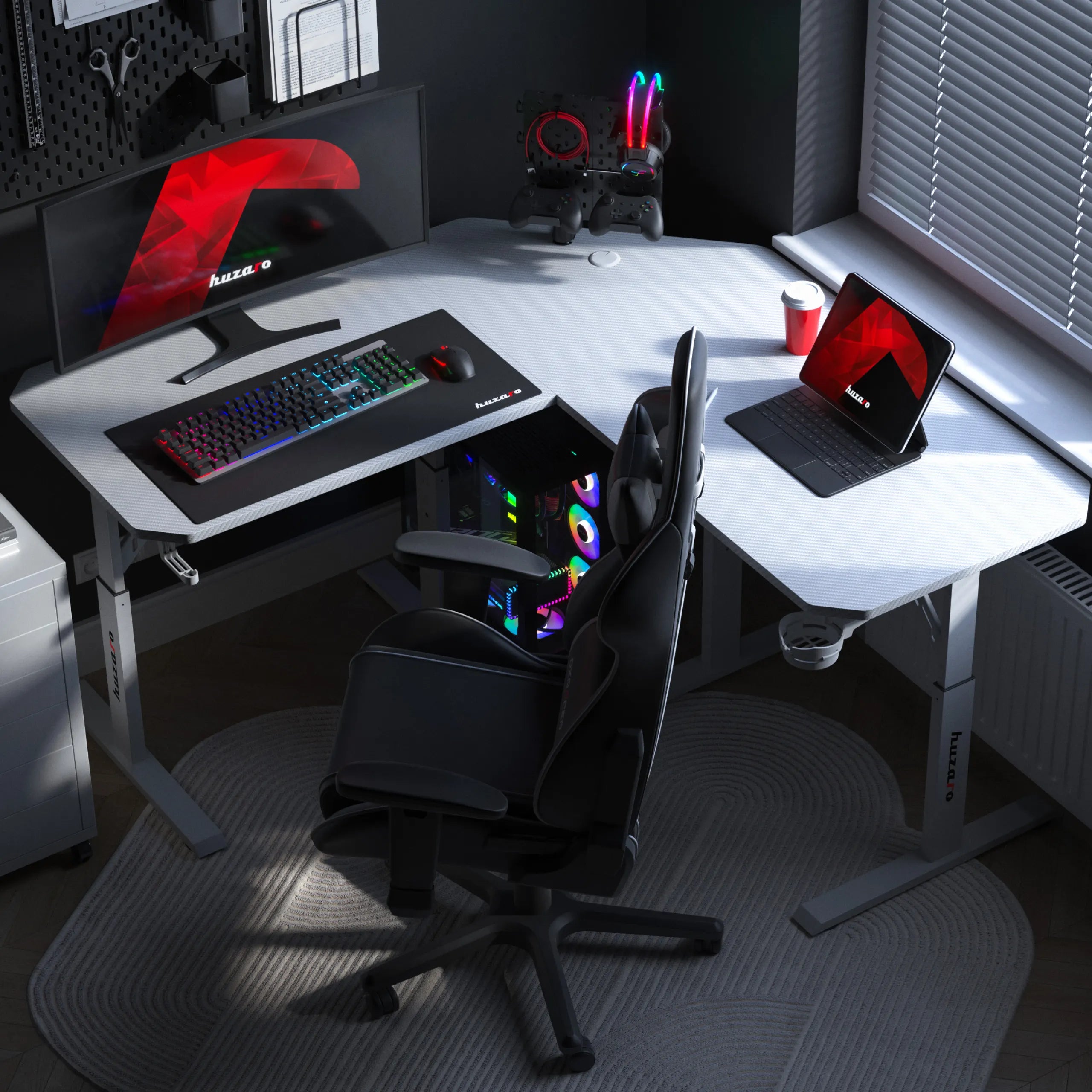 Huzaro Hero 7.3 White birou de gaming de colț cu înălțime reglabilă