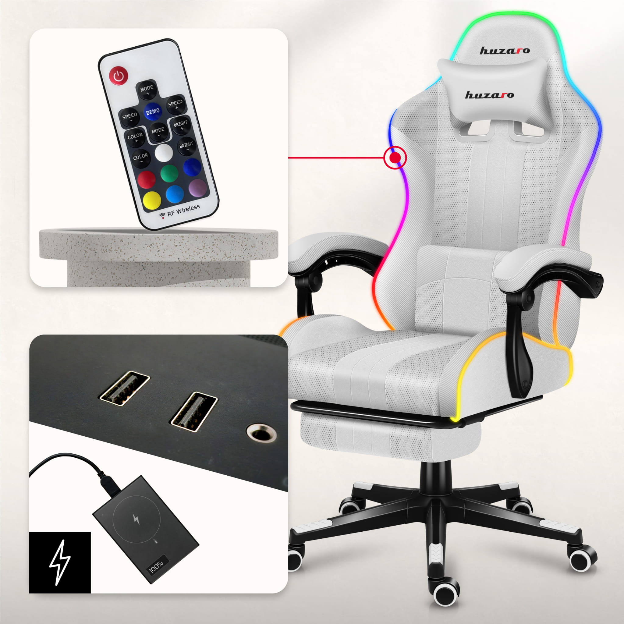 HUZARO Force 4.7 Fotoliu de gaming RGB alb