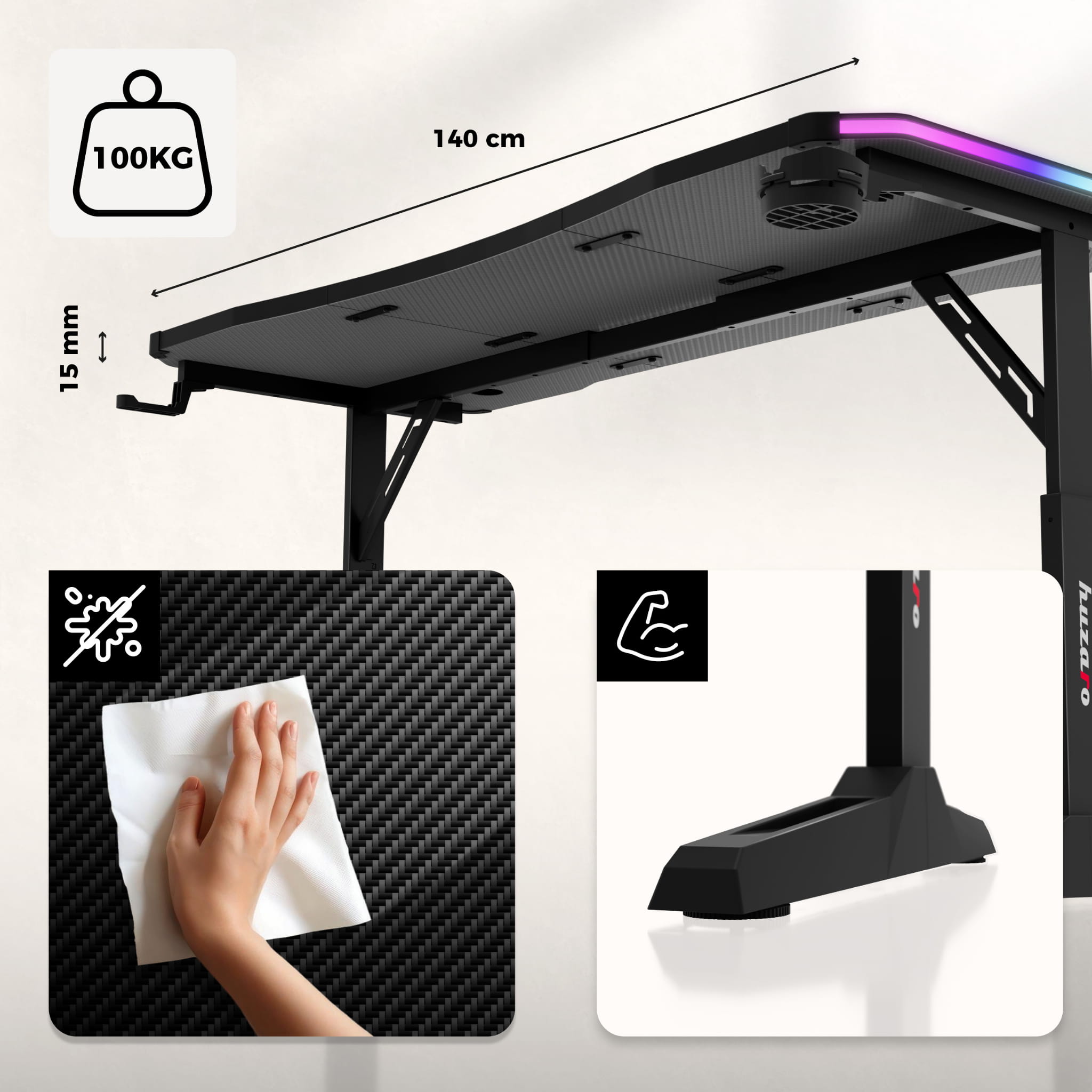 Birou de gaming Huzaro Hero 3.6 RGB LED Black 140 cm