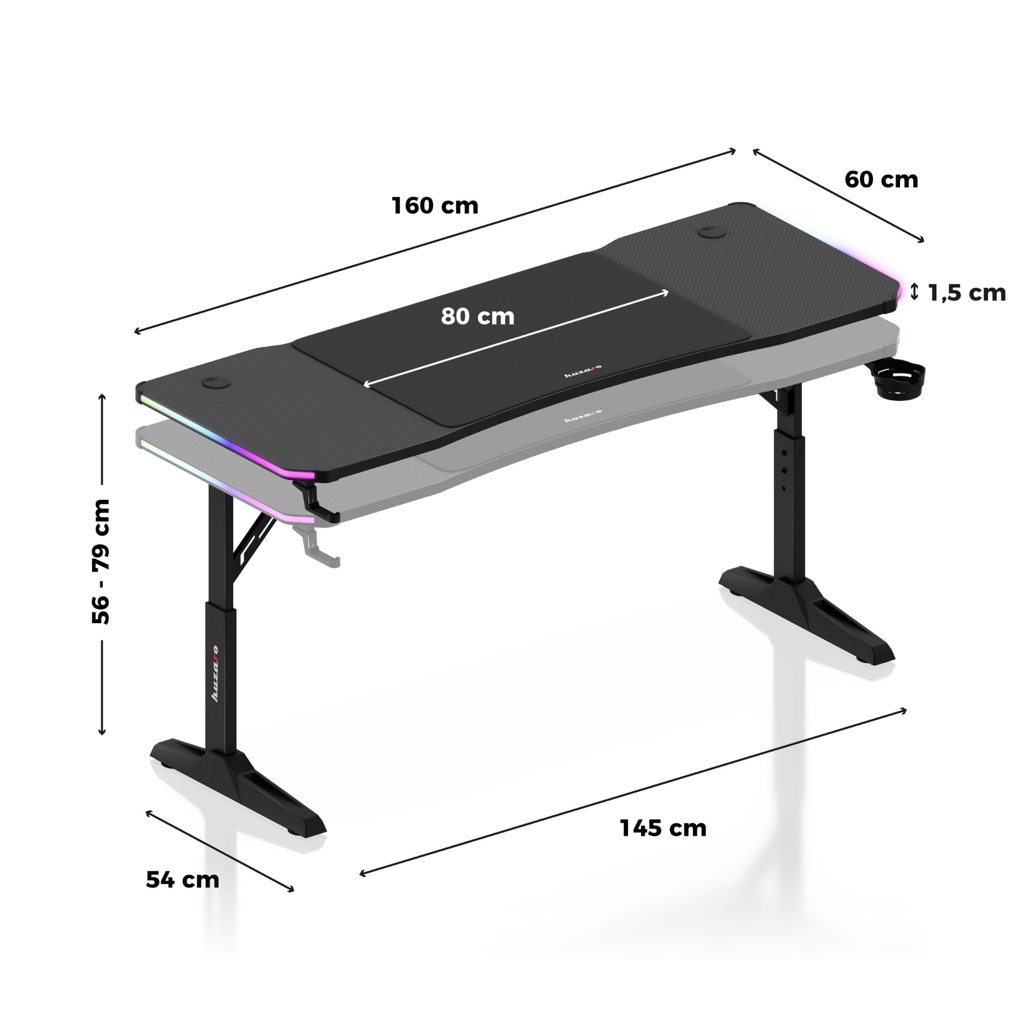 Birou Gaming LED Huzaro Hero 4.6 RGB Black 160 cm