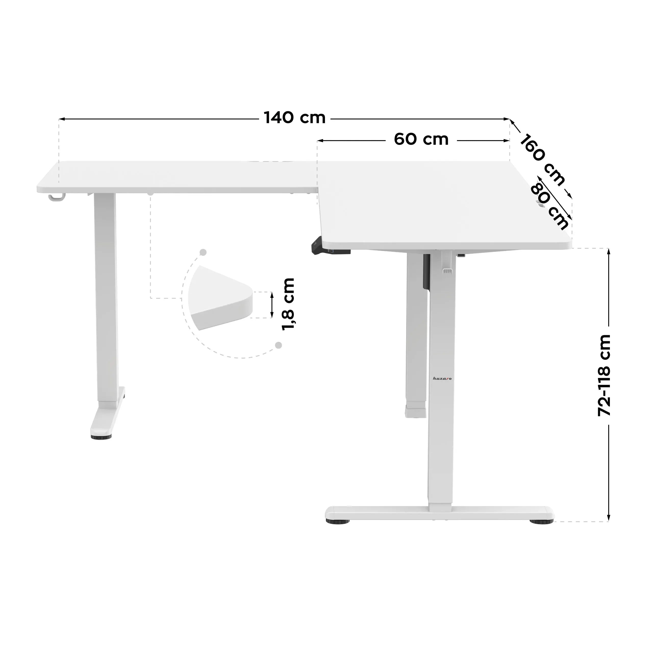 Huzaro Hero 9.5 Alb 160 cm birou electric de colț