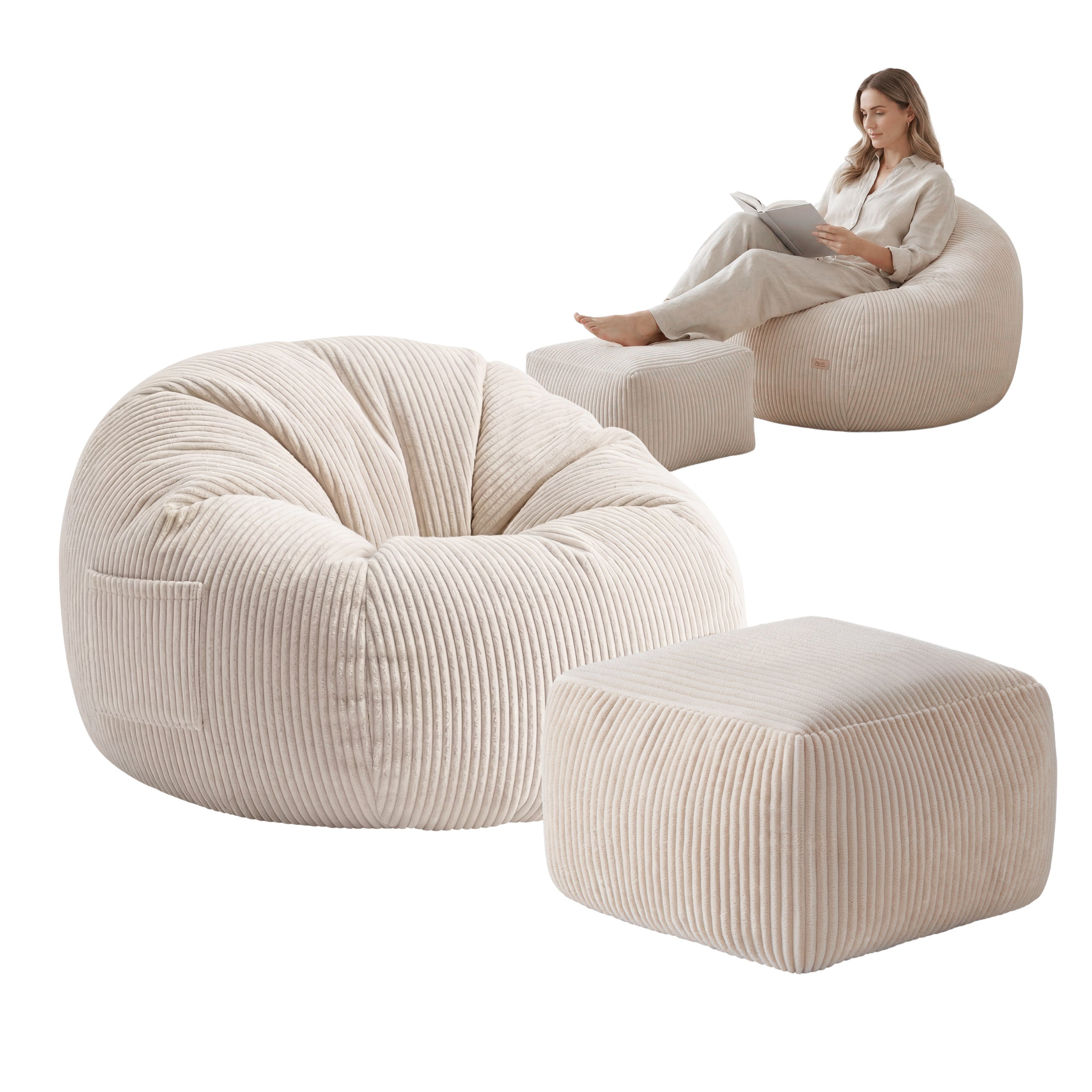 Fotoliu puf din catifea raiată cu suport pentru picioare Mark Adler Comfy 3.0 Beige