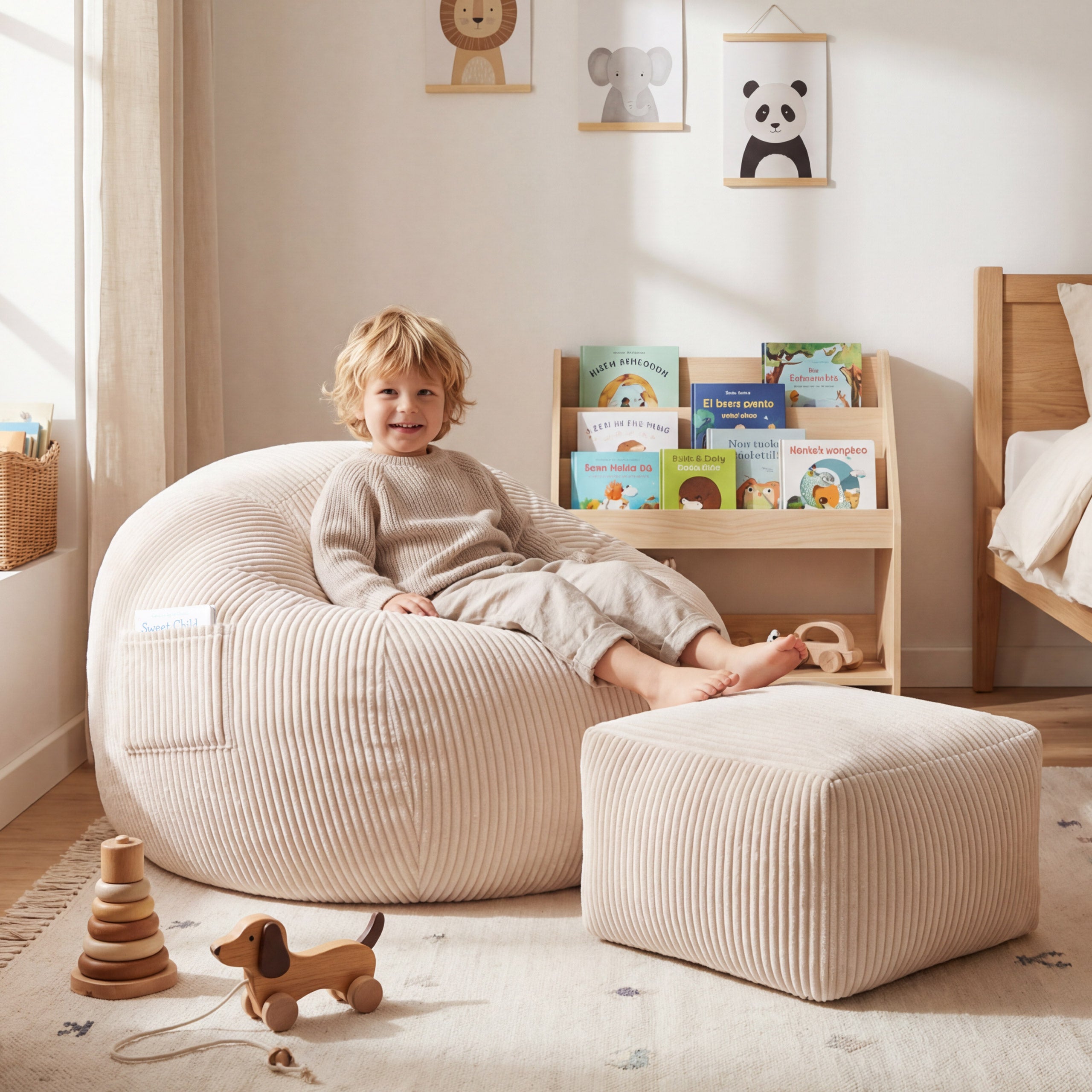 Fotoliu puf din catifea raiată cu suport pentru picioare Mark Adler Comfy 3.0 Beige