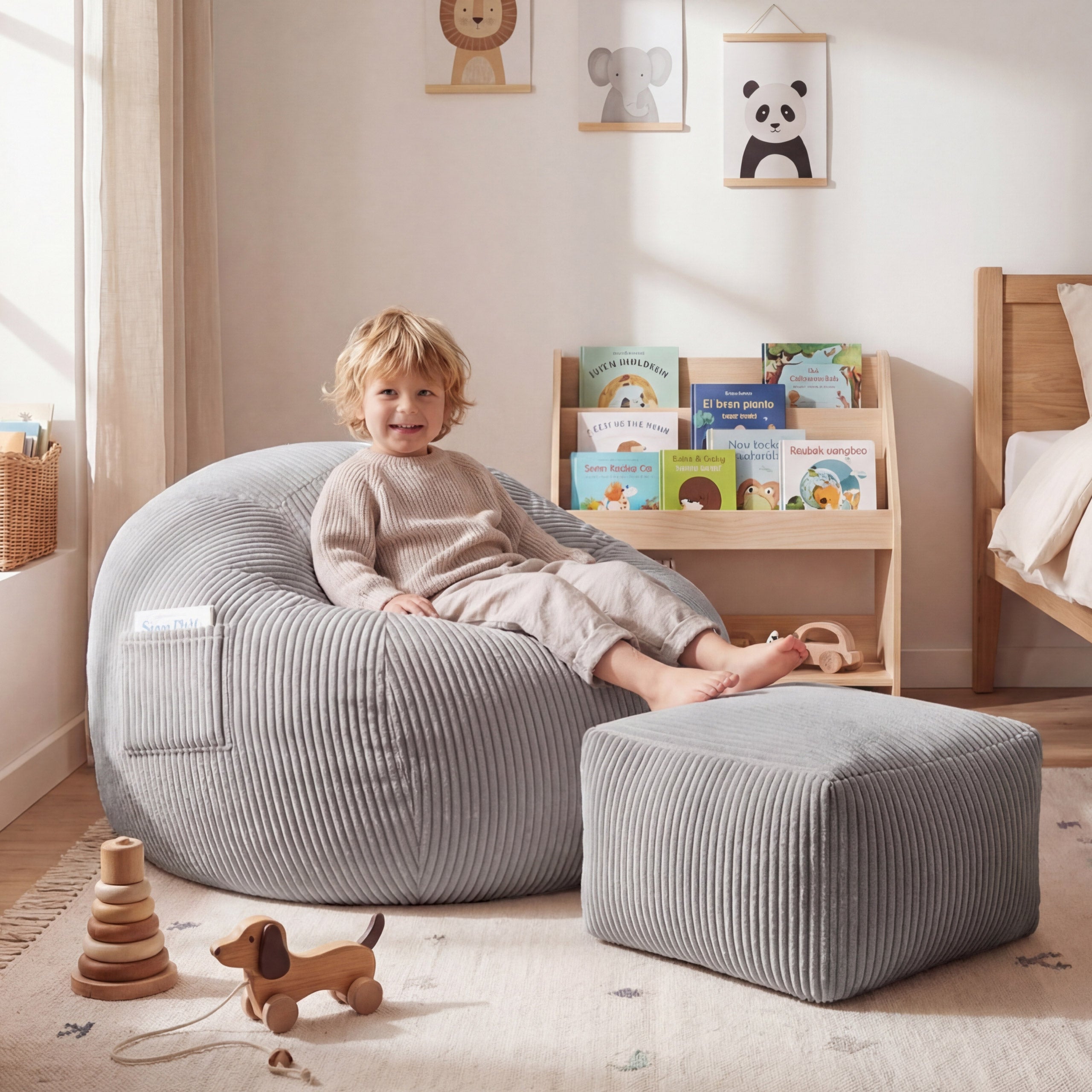 Fotoliu puf din catifea raiată cu suport pentru picioare Mark Adler Comfy 3.0 Grey