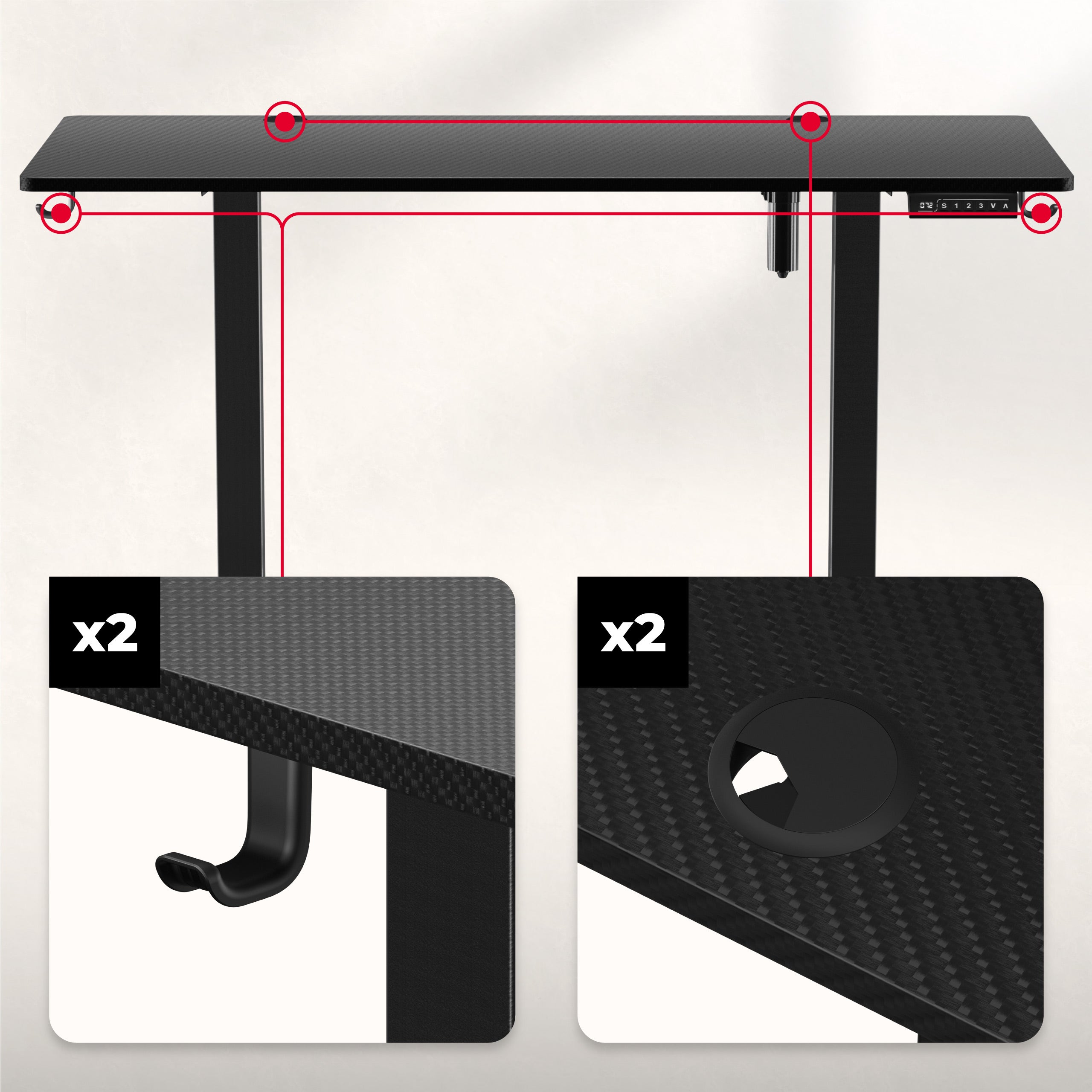 2 x intrări de cablu și suporturi pentru căști, rucsac și geantă